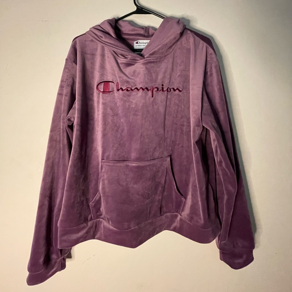 Champion Pullover Purple Velvet Hoodie With Front Pocket